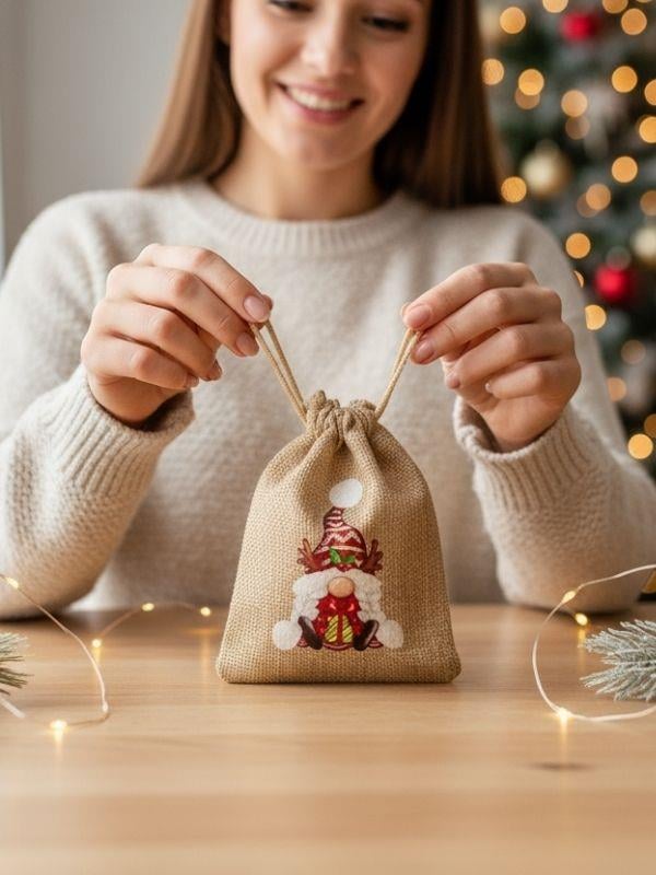 Sevimli Noel Baba Cüce Baskılı Hediyelik Jüt Kese(10x15 cm)