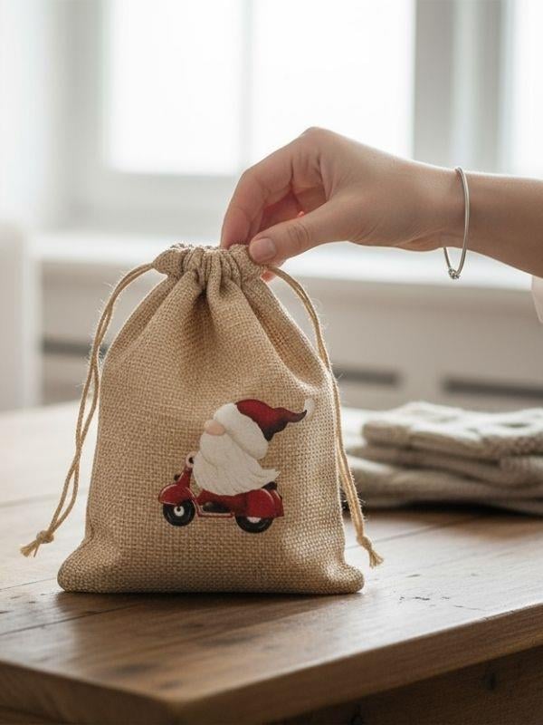 Sevimli Noel Baba Cüce Baskılı Hediyelik Jüt Kese(10x15 cm)
