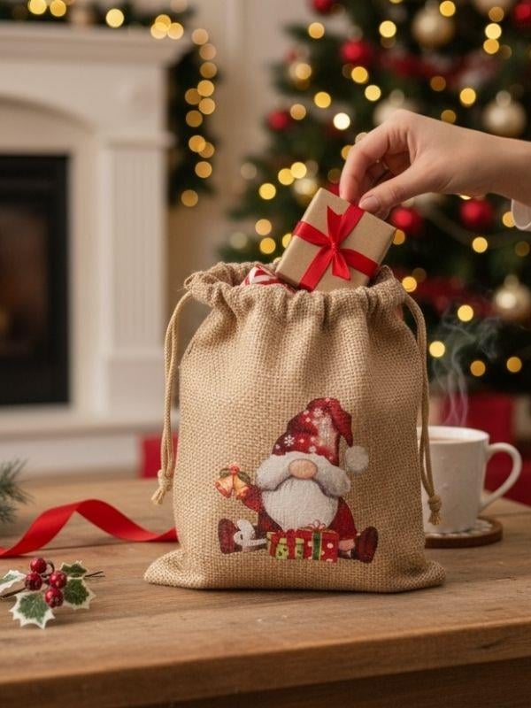 Sevimli Noel Baba Cüce Baskılı Hediyelik Jüt Kese(10x15 cm)