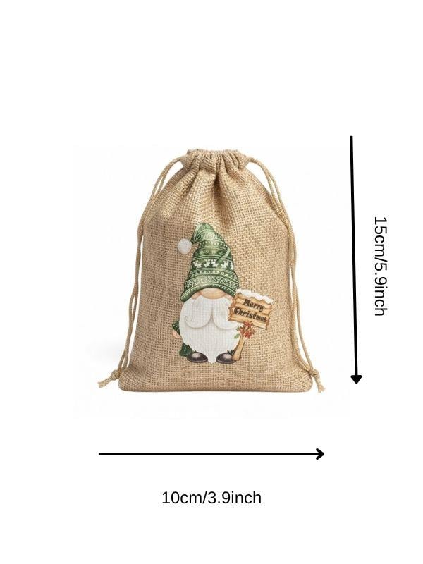 Sevimli Noel Baba Cüce Baskılı Hediyelik Jüt Kese(10x15 cm)
