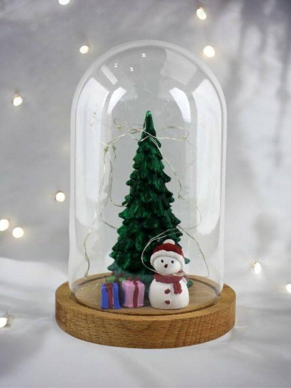 Yılbaşı Kardan Adam Çam Ağacı Ahşap Fanus