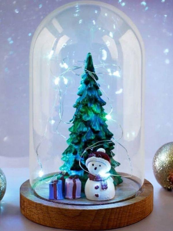 Yılbaşı Kardan Adam Çam Ağacı Ahşap Fanus