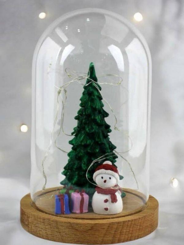 Yılbaşı Kardan Adam Çam Ağacı Ahşap Fanus