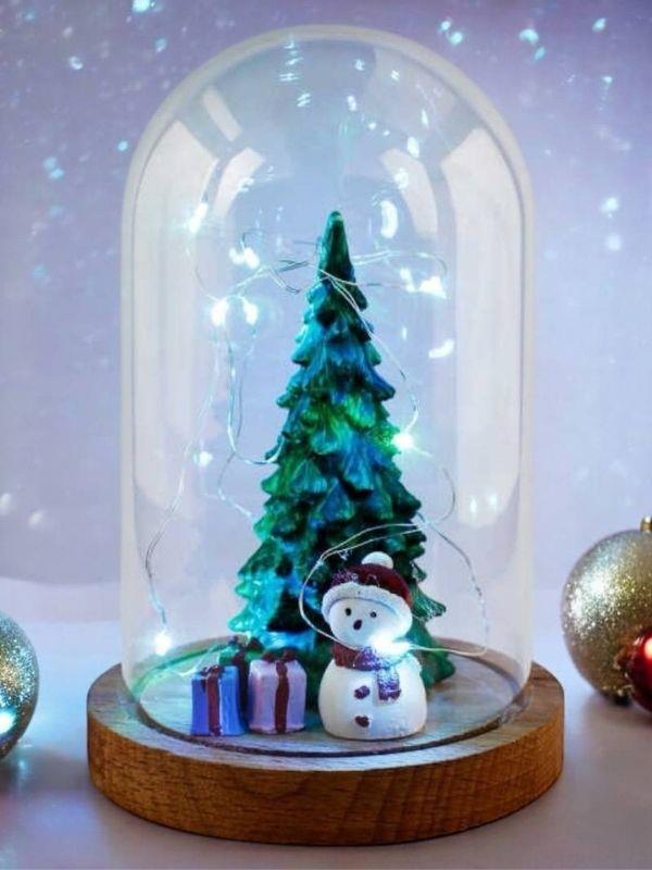 Yılbaşı Kardan Adam Çam Ağacı Ahşap Fanus