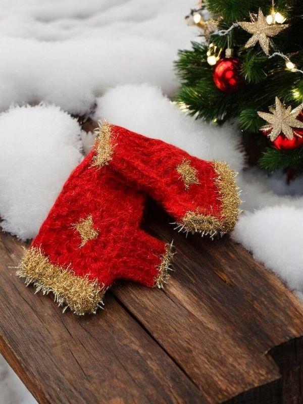 Yılbaşı Temalı Handmade El Örgüsü Tek Parmaklı Motifli Eldiven