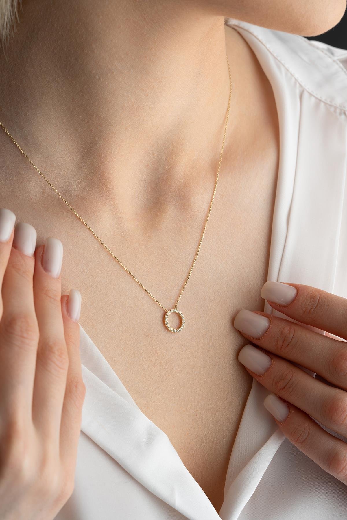 14 Ayar Altın 0.15 Ct Pırlantalı Daire Model Kolye