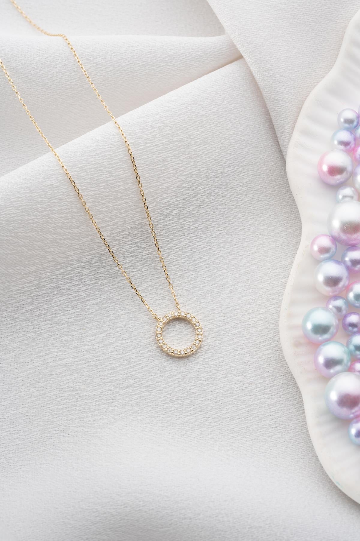 14 Ayar Altın 0.15 Ct Pırlantalı Daire Model Kolye