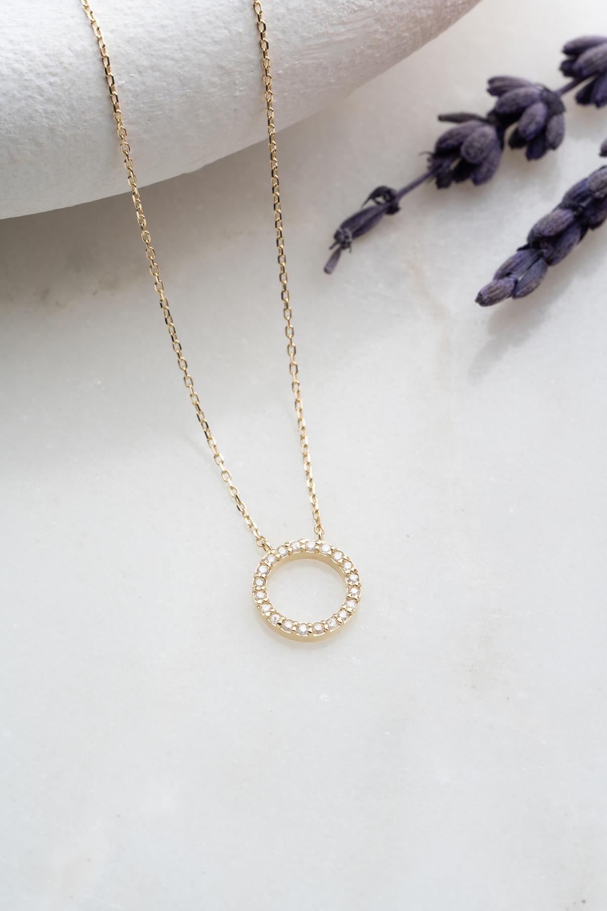 14 Ayar Altın 0.15 Ct Pırlantalı Daire Model Kolye