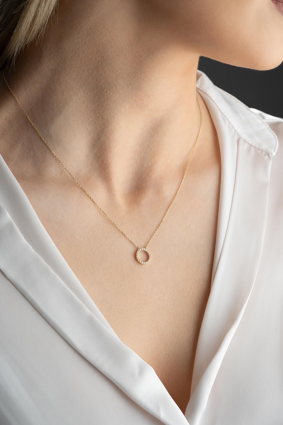 14 Ayar Altın 0.15 Ct Pırlantalı Daire Model Kolye