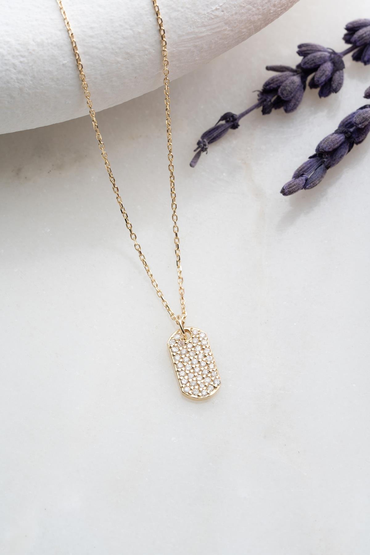 14 Ayar Altın 0.28 Ct Pırlantalı Dikdörtgen Model Kolye