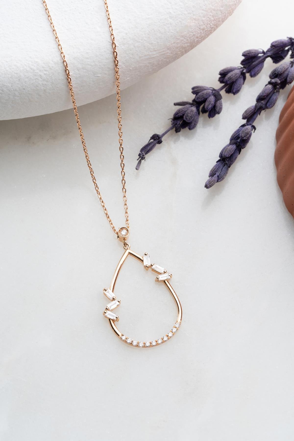 14 Ayar Altın 0.39 Ct Pırlantalı Rose Gold Damla Model Kolye