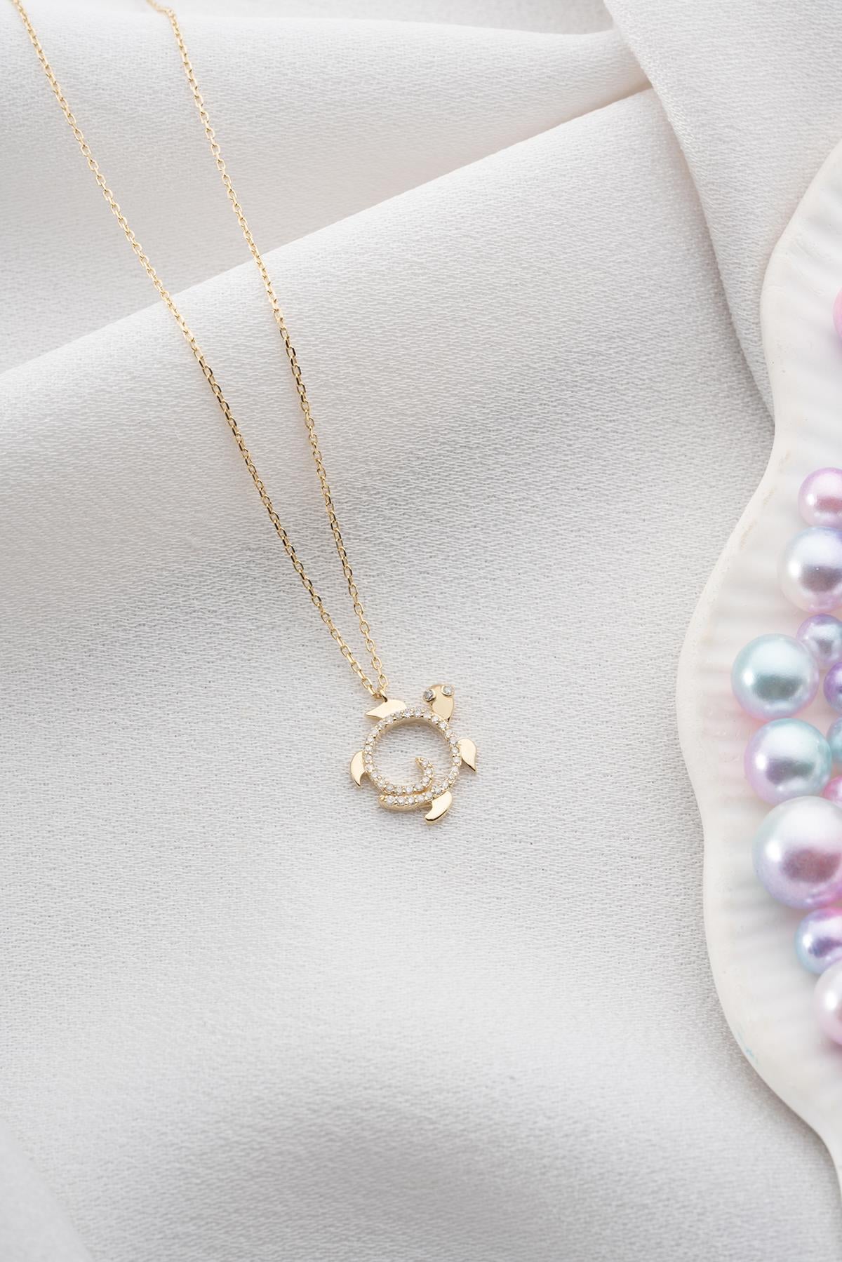 14 Ayar Altın 0.10 Ct Pırlantalı Kaplumbağa Model Kolye