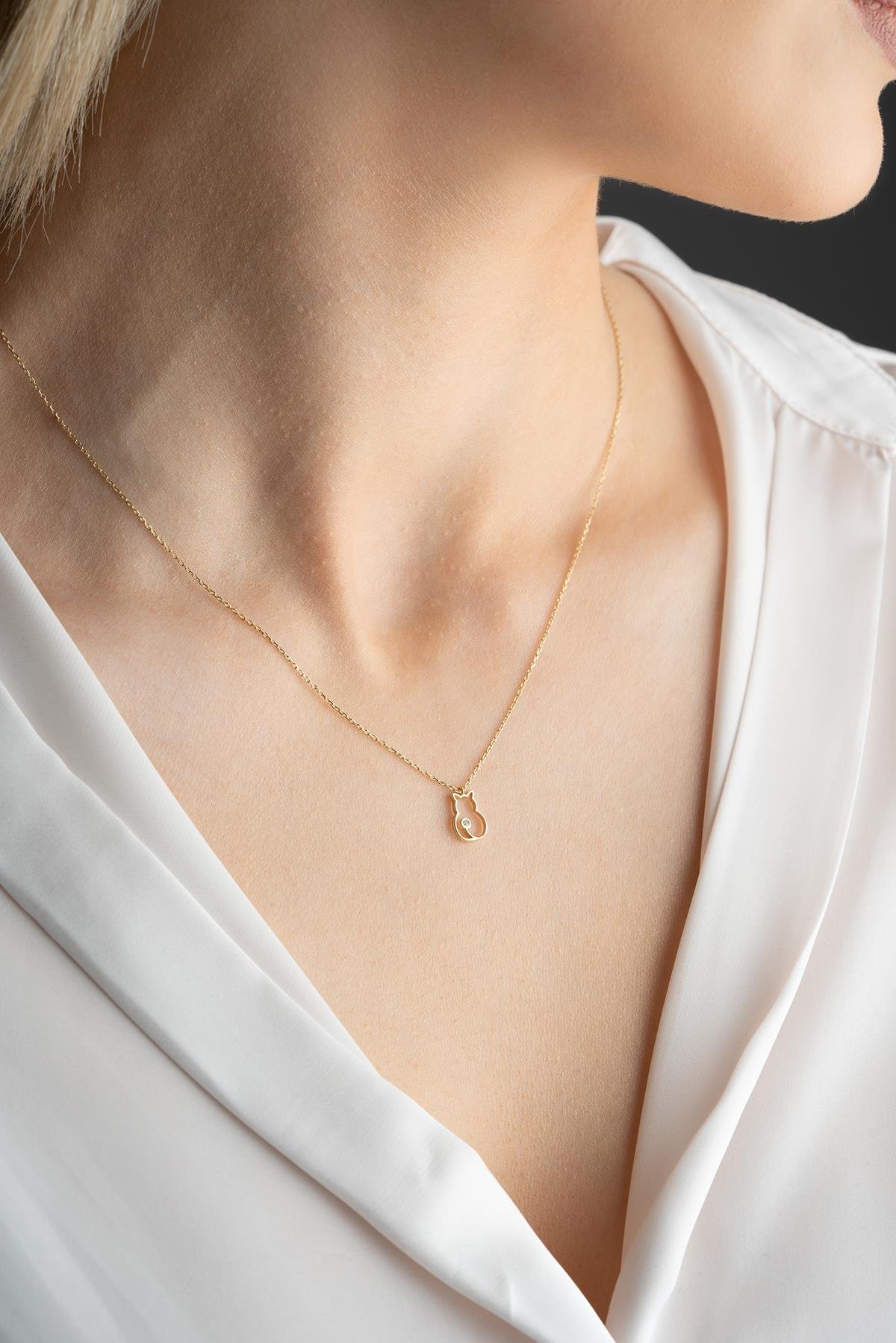 14 Ayar Altın 0.01 Ct Pırlantalı Tektaş Kedi Model Kolye
