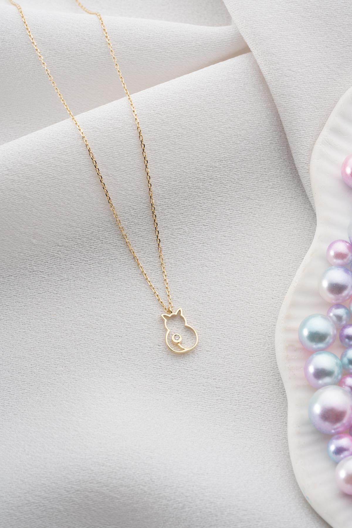 14 Ayar Altın 0.01 Ct Pırlantalı Tektaş Kedi Model Kolye