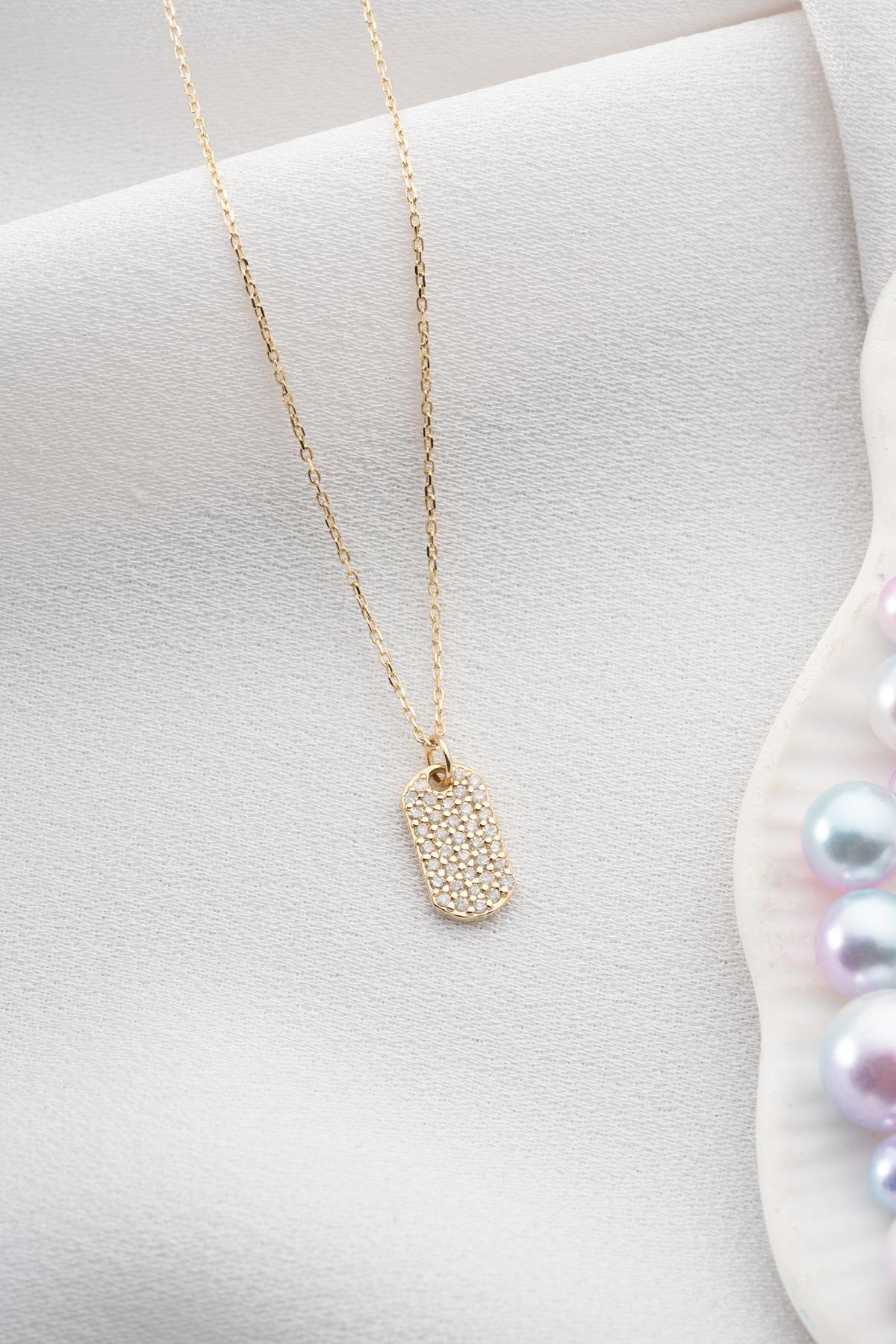 14 Ayar Altın 0.28 Ct Pırlantalı Dikdörtgen Model Kolye
