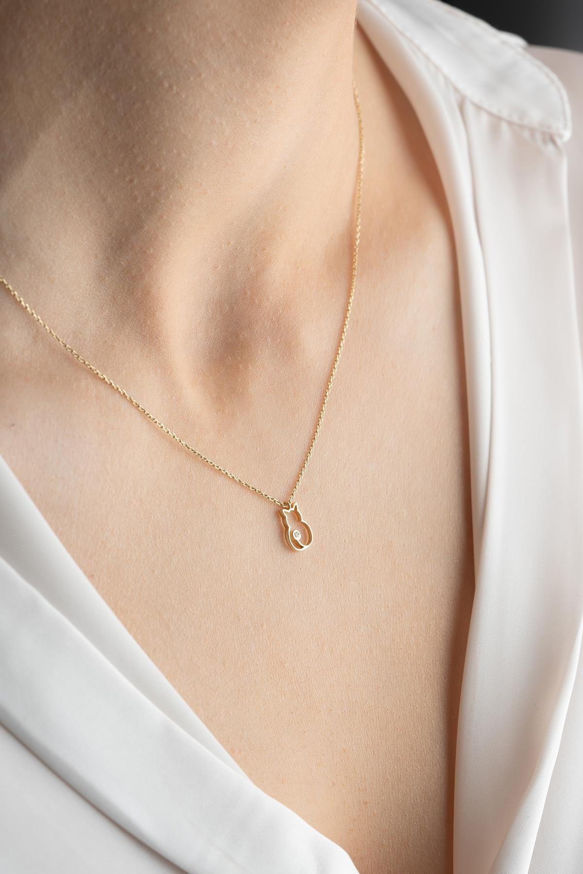 14 Ayar Altın 0.01 Ct Pırlantalı Tektaş Kedi Model Kolye