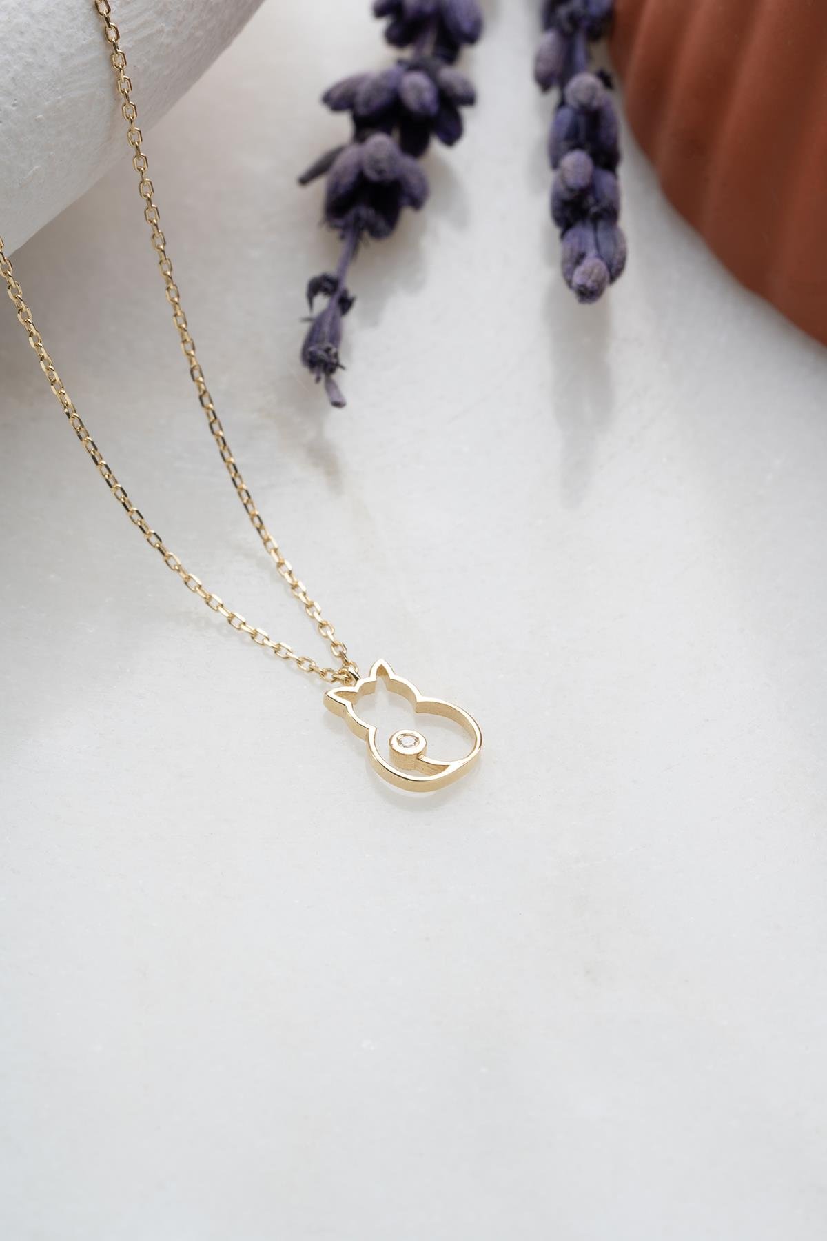 14 Ayar Altın 0.01 Ct Pırlantalı Tektaş Kedi Model Kolye
