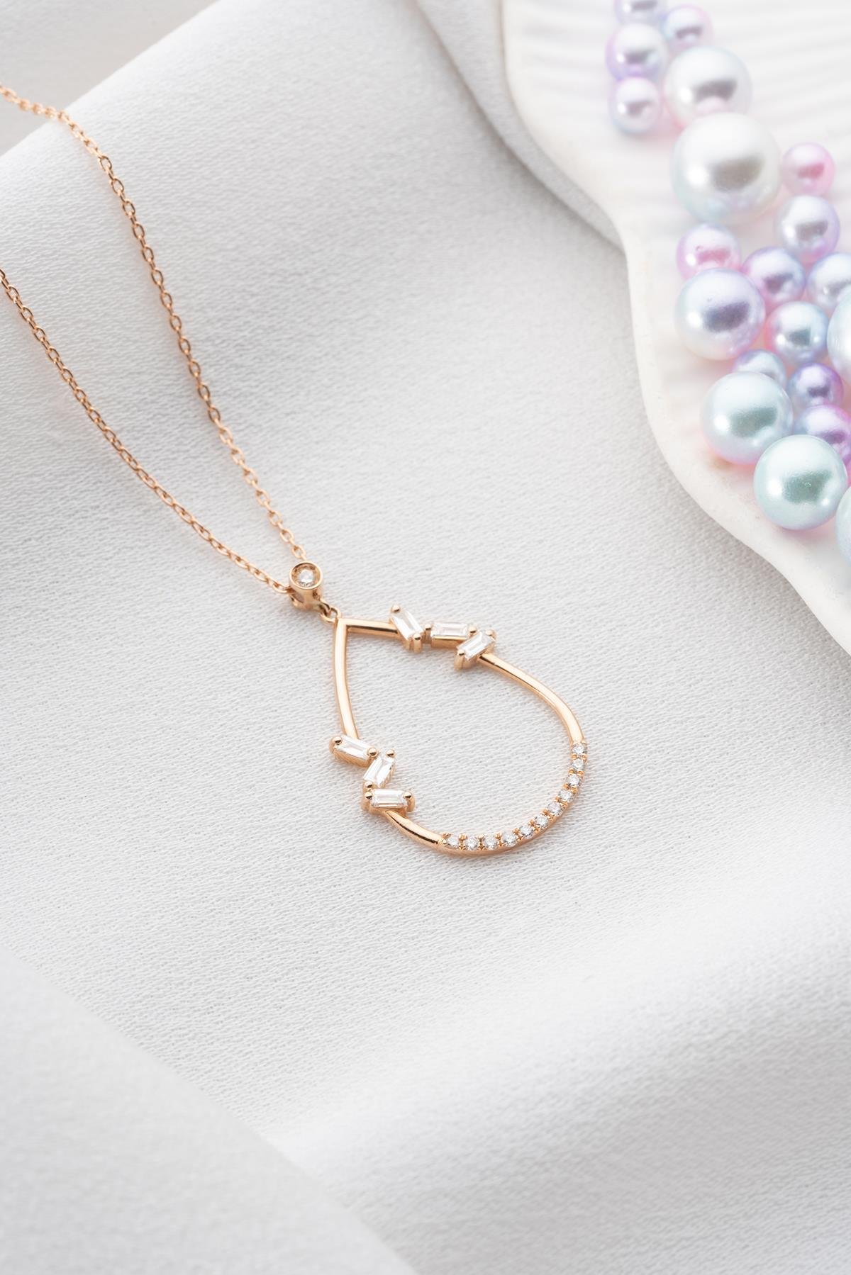 14 Ayar Altın 0.39 Ct Pırlantalı Rose Gold Damla Model Kolye