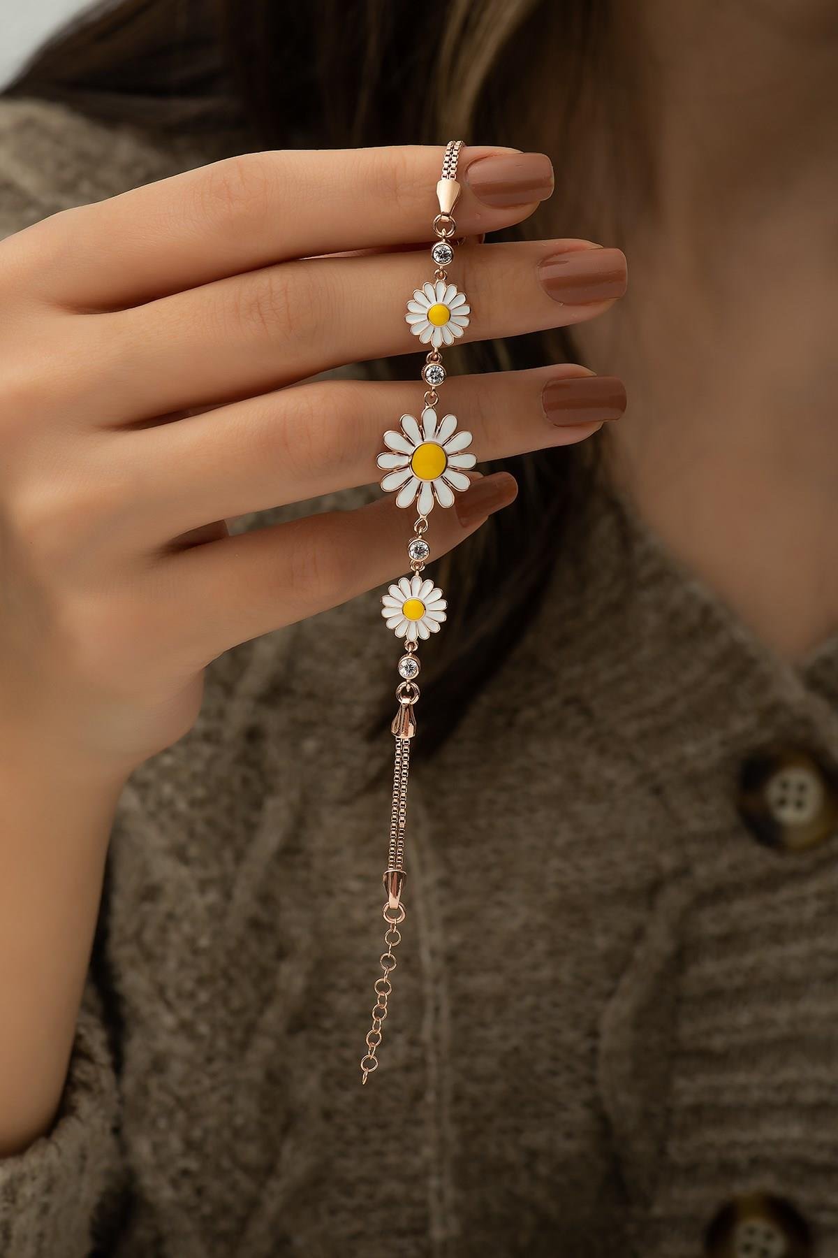 925 Ayar 3'Lü Papatya Bileklik Kadın Gümüş Bileklik 