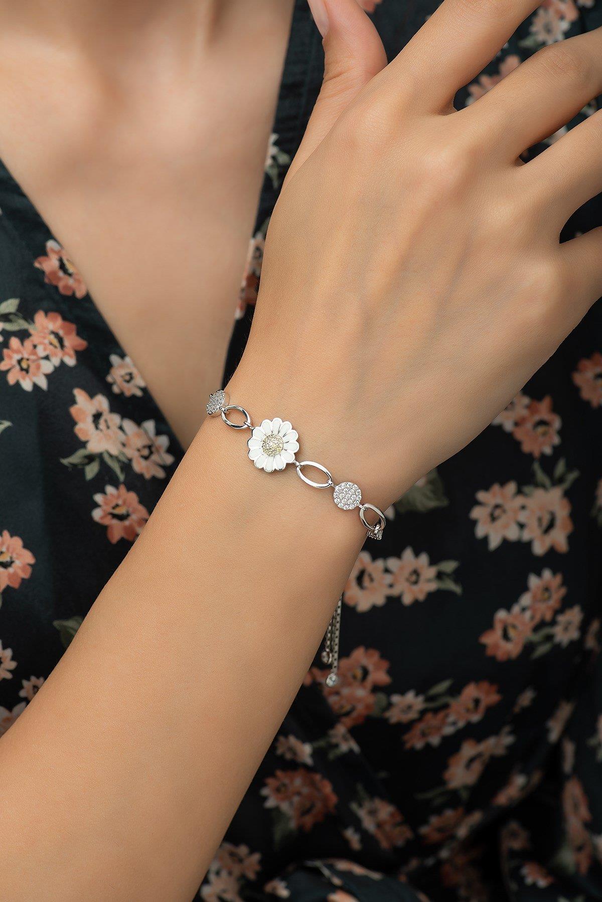 925 Ayar Asansörlü Papatya Bileklik Kadın Gümüş Bileklik 