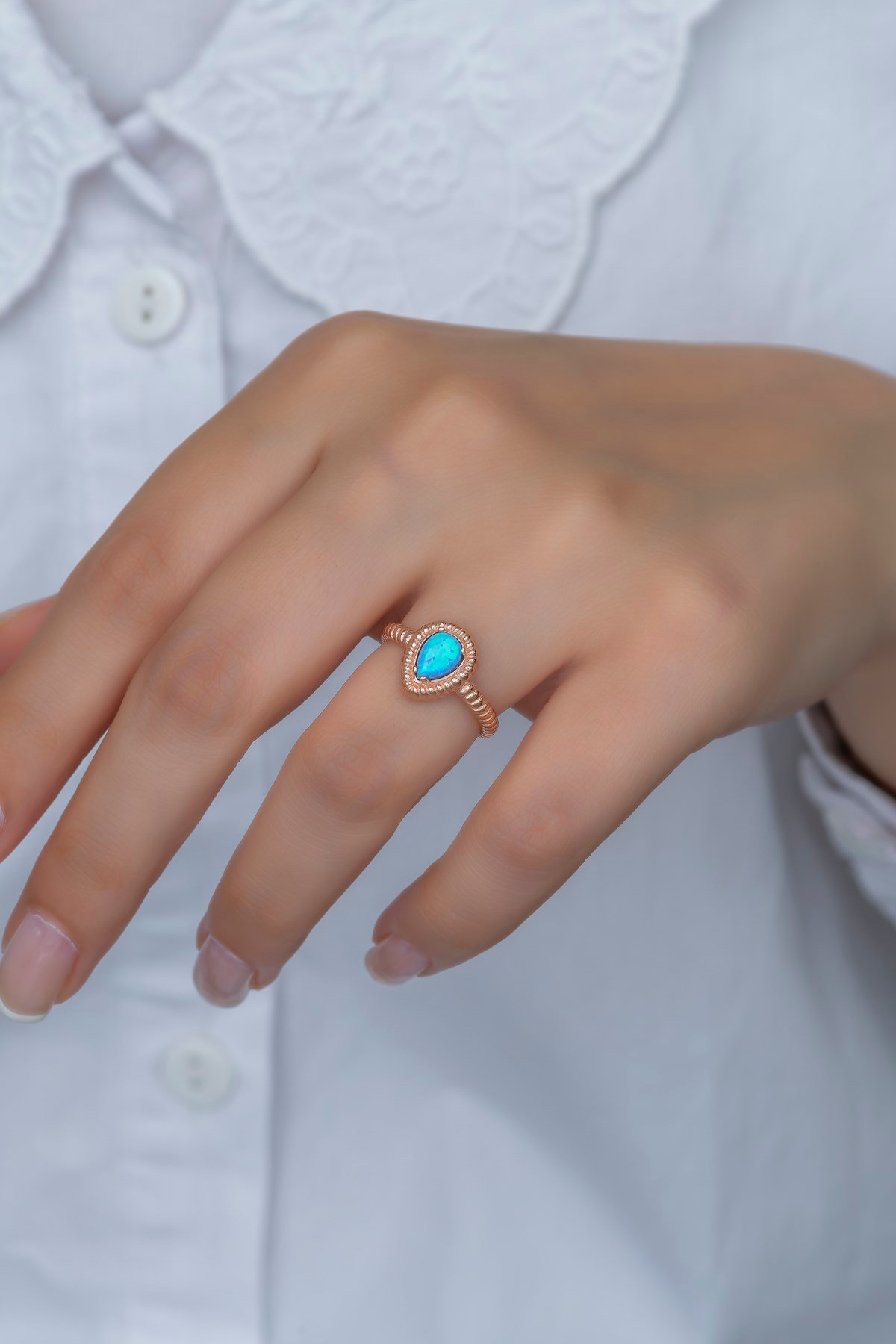 925 Ayar Ayarlanabilir Damla Mavi Opal Taşlı Gümüş Yüzük