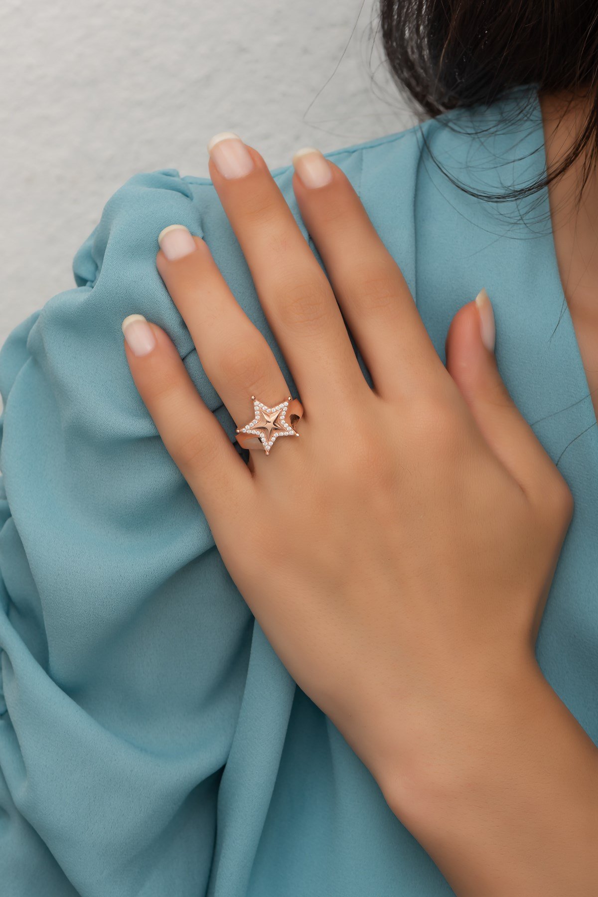 925 Ayar Ayarlanabilir Rose Zirkon Taşlı Yıldız Gümüş Yüzük