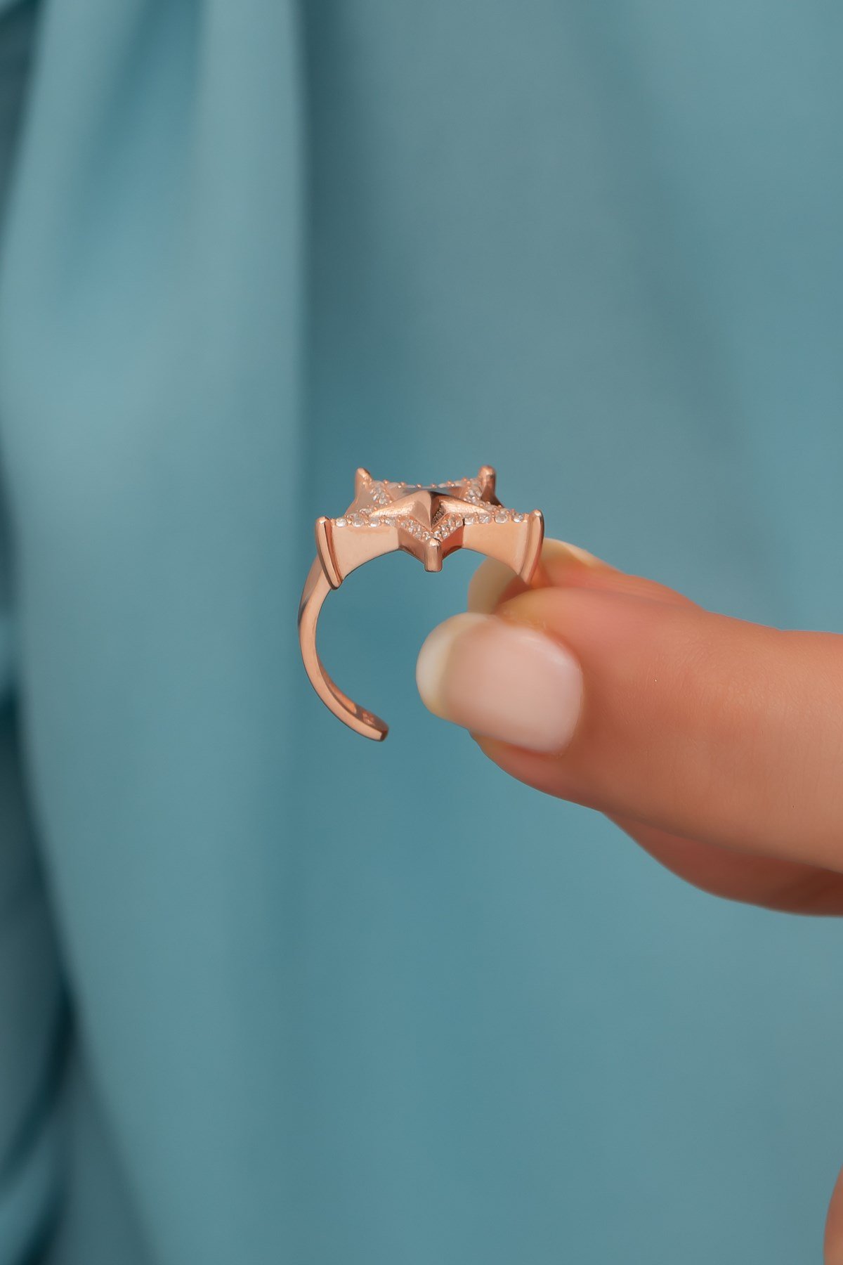 925 Ayar Ayarlanabilir Rose Zirkon Taşlı Yıldız Gümüş Yüzük