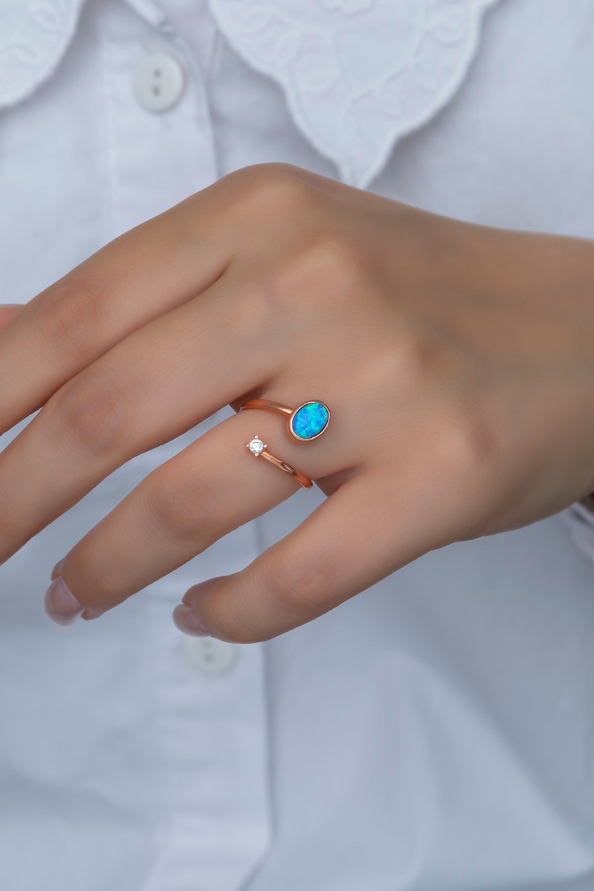 925 Ayar Ayarlanabilir Tektaş Mavi Opal Taşlı Gümüş Yüzük