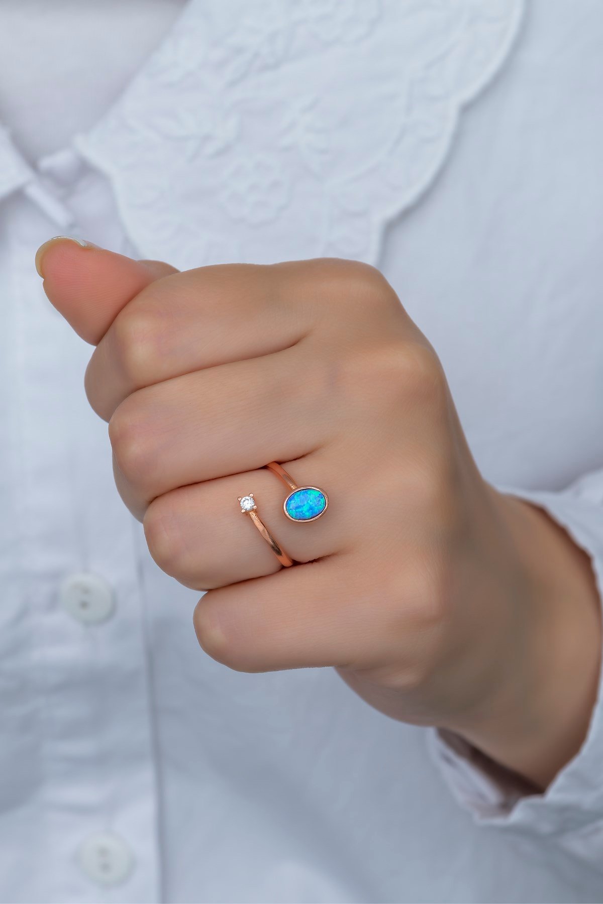 925 Ayar Ayarlanabilir Tektaş Mavi Opal Taşlı Gümüş Yüzük