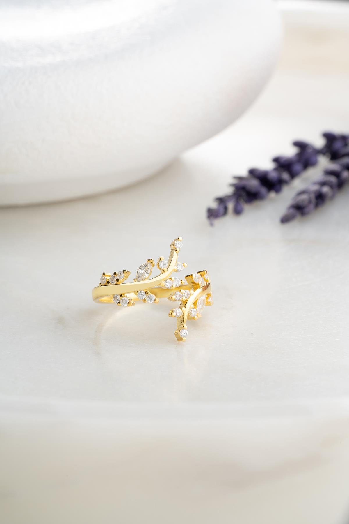 925 Ayar Ayarlanabilir Zirkon Taşlı Gold Zeytin Dalı Gümüş Yüzük