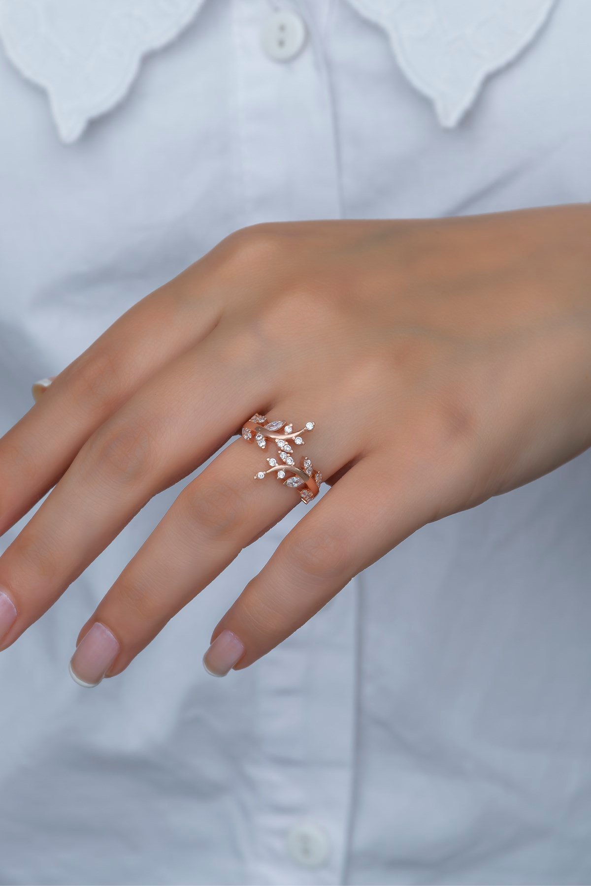 925 Ayar Ayarlanabilir Zirkon Taşlı Zeytin Dalı Gümüş Yüzük