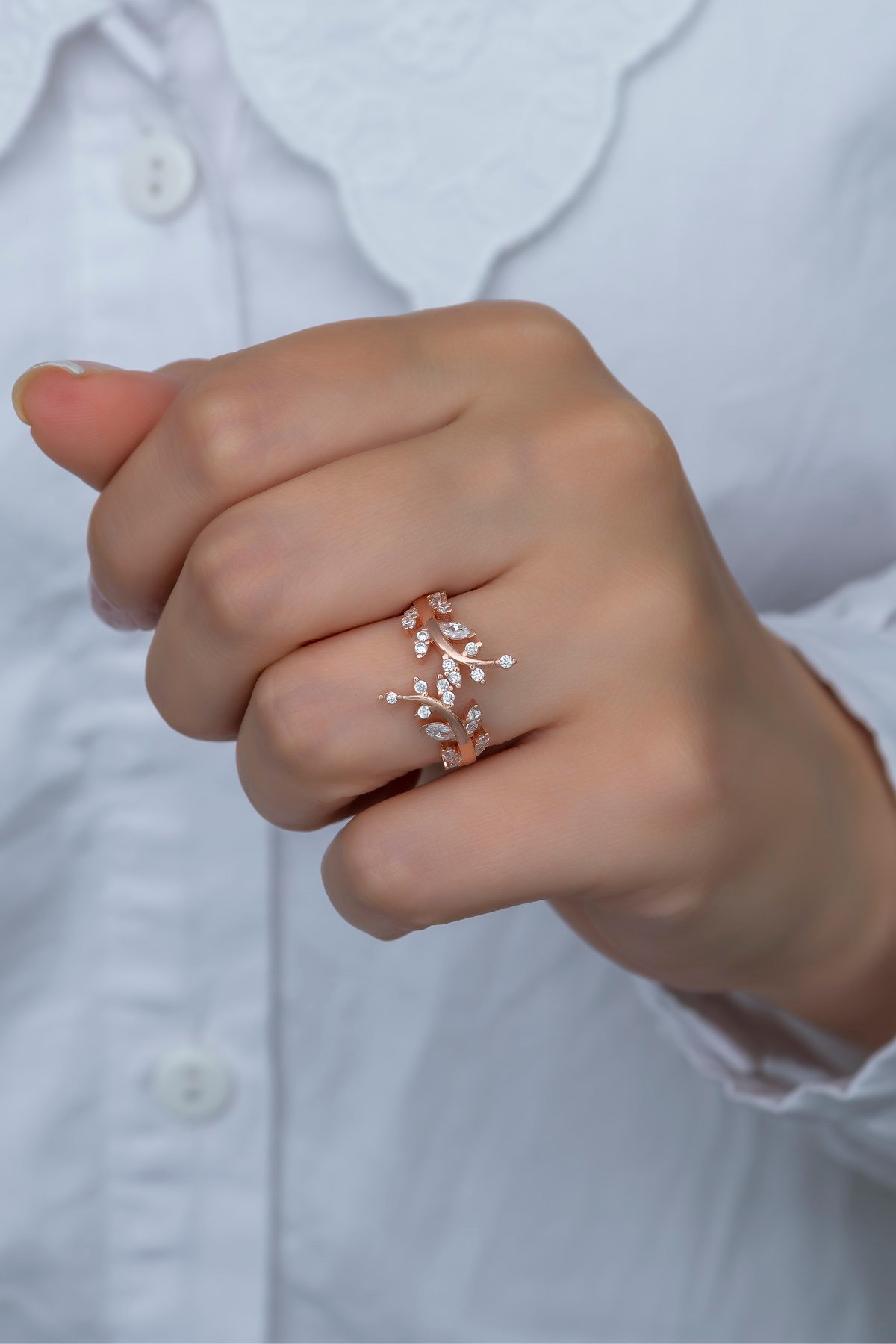 925 Ayar Ayarlanabilir Zirkon Taşlı Zeytin Dalı Gümüş Yüzük