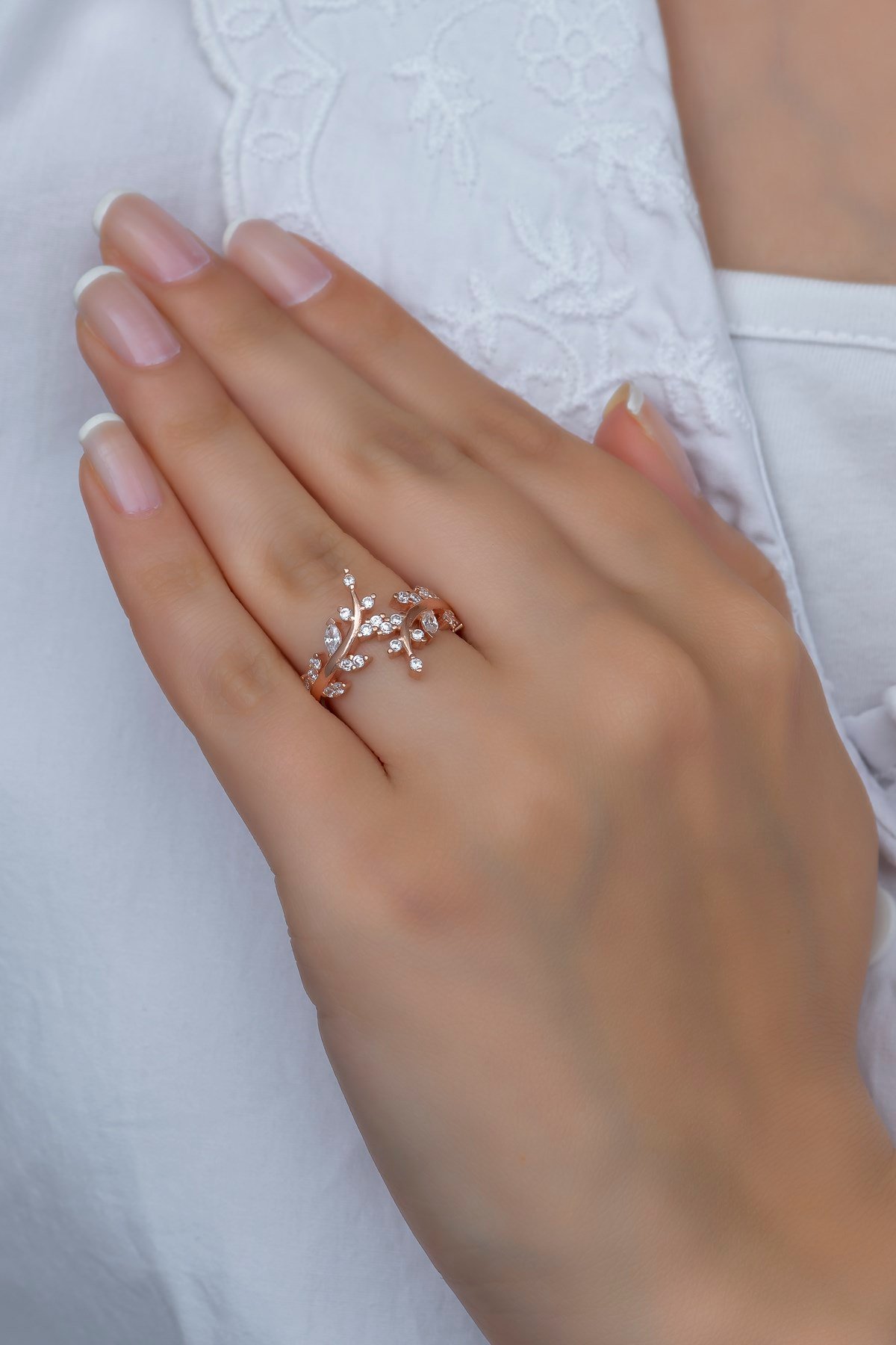 925 Ayar Ayarlanabilir Zirkon Taşlı Zeytin Dalı Gümüş Yüzük