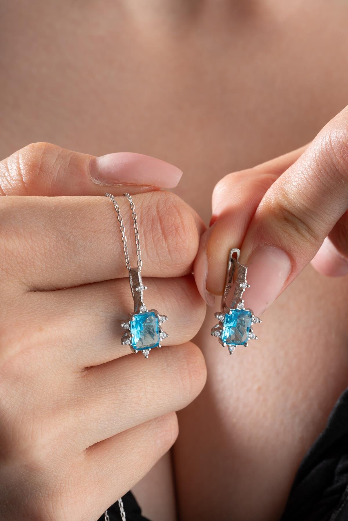 925 Ayar Gümüş Aquamarin Baget Taşlı Küpe Ve Kolye Set