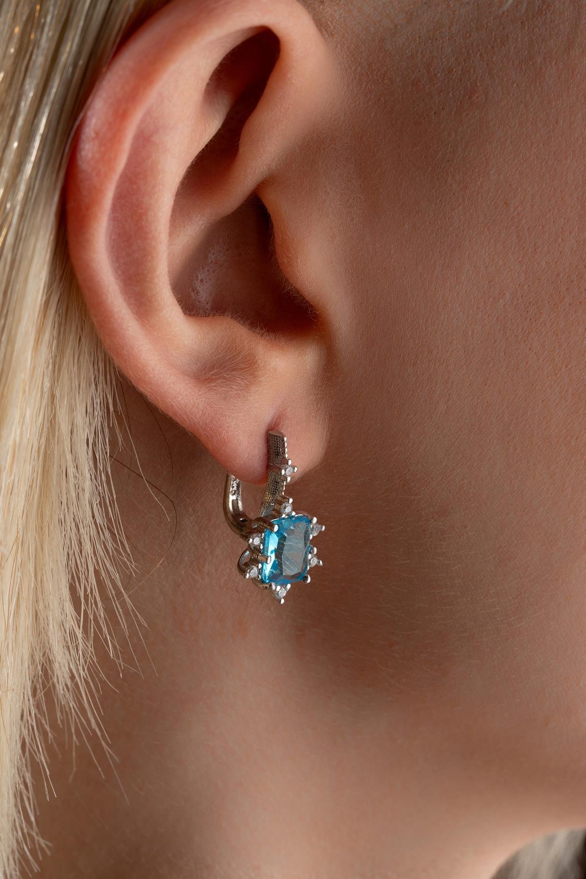 925 Ayar Gümüş Aquamarin Baget Taşlı Küpe Ve Kolye Set