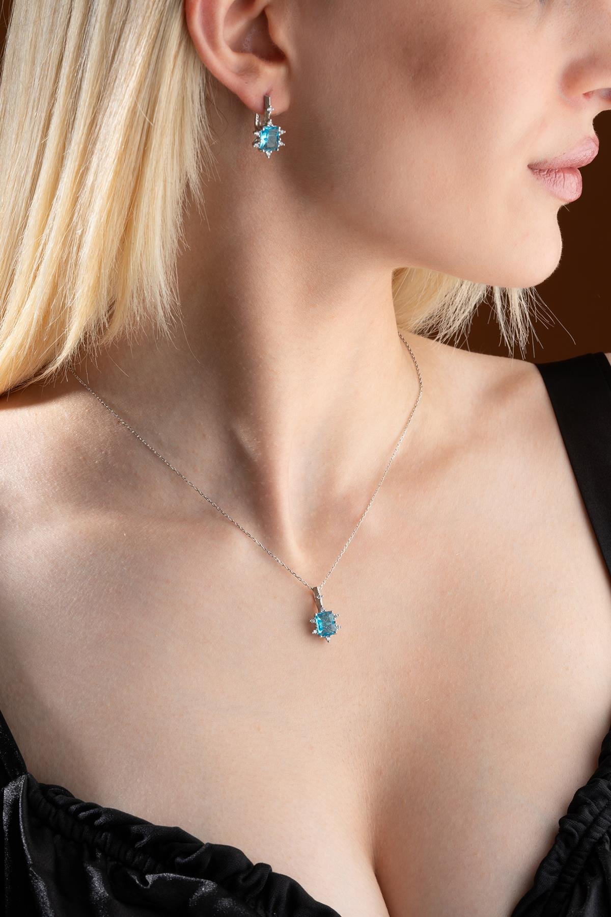 925 Ayar Gümüş Aquamarin Baget Taşlı Küpe Ve Kolye Set