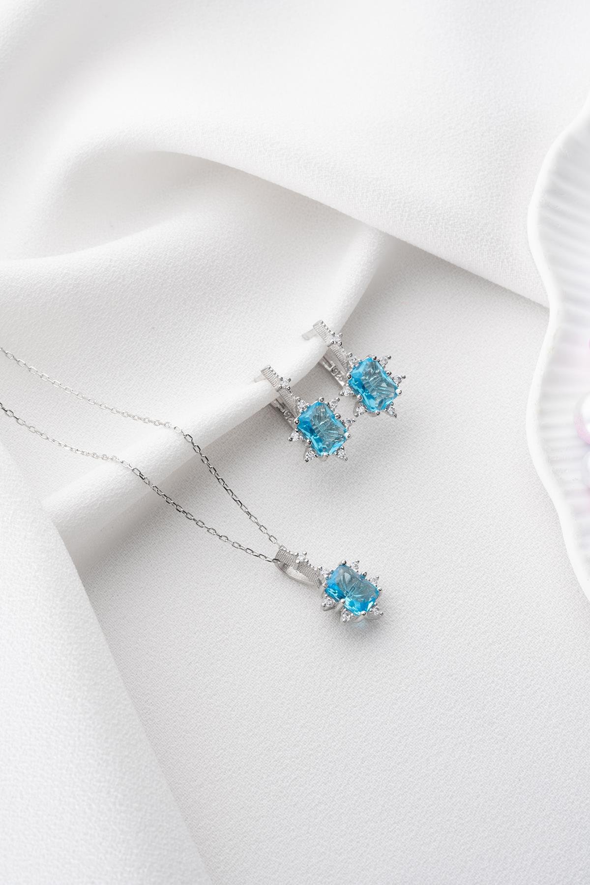 925 Ayar Gümüş Aquamarin Baget Taşlı Küpe Ve Kolye Set