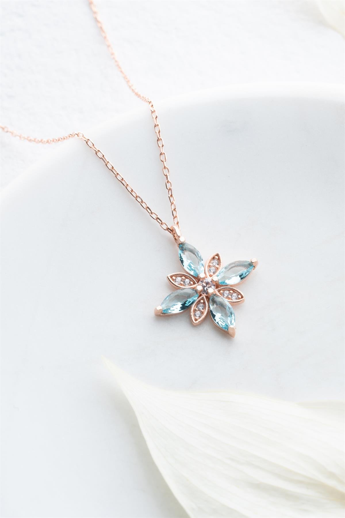 925 Ayar Gümüş Aquamarin Taşlı Umut Çiçeği Kolye
