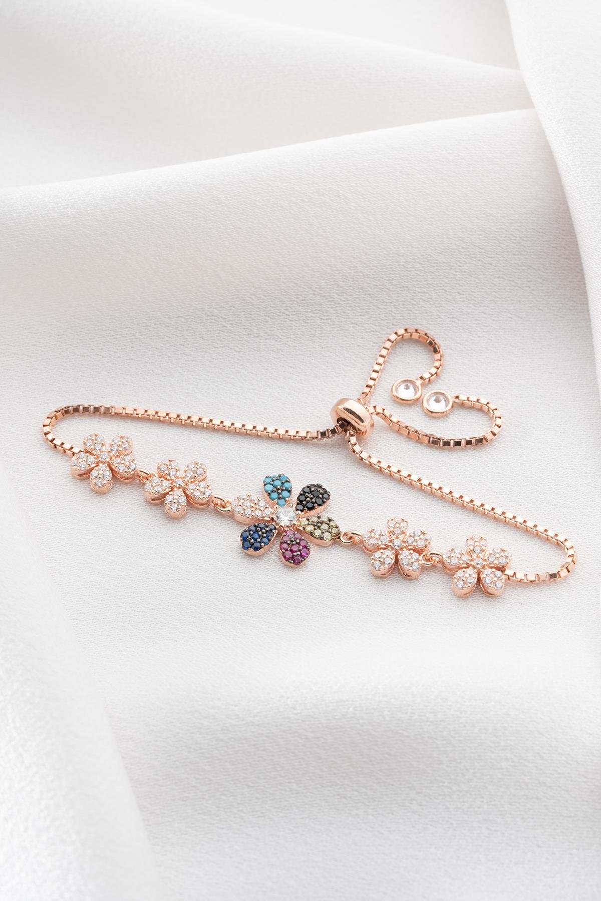 925 Ayar Gümüş Asansörlü Mix Taşlı 5'Li Kır çiçeği Bileklik 