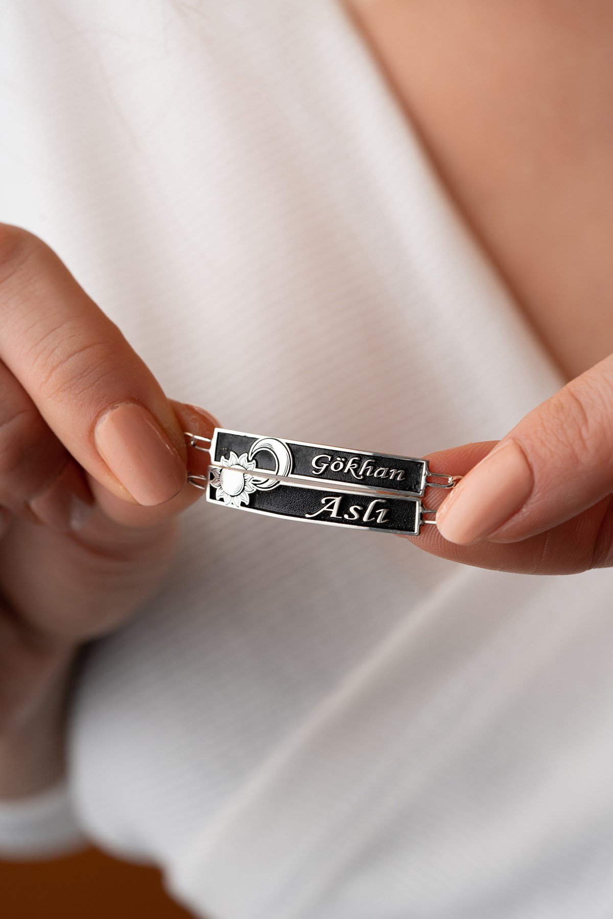 925 Ayar Gümüş Ay ve Güneş Uyumu Çift Sevgili İsimli Bileklik (2 Adet)