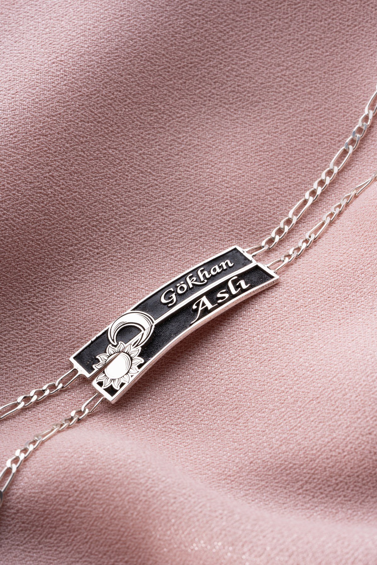 925 Ayar Gümüş Ay ve Güneş Uyumu Çift Sevgili İsimli Bileklik (2 Adet)