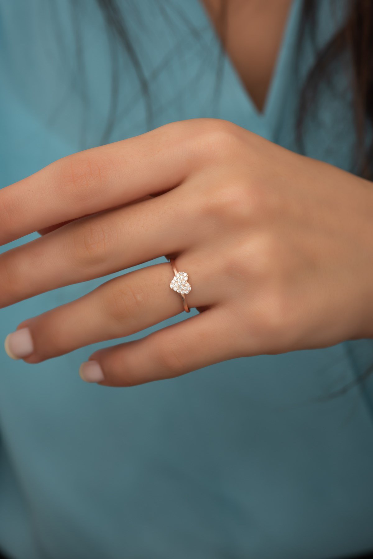 925 Ayar Gümüş Ayarlanabilir Zirkon Taşlı Kalp Tasarım Yüzük