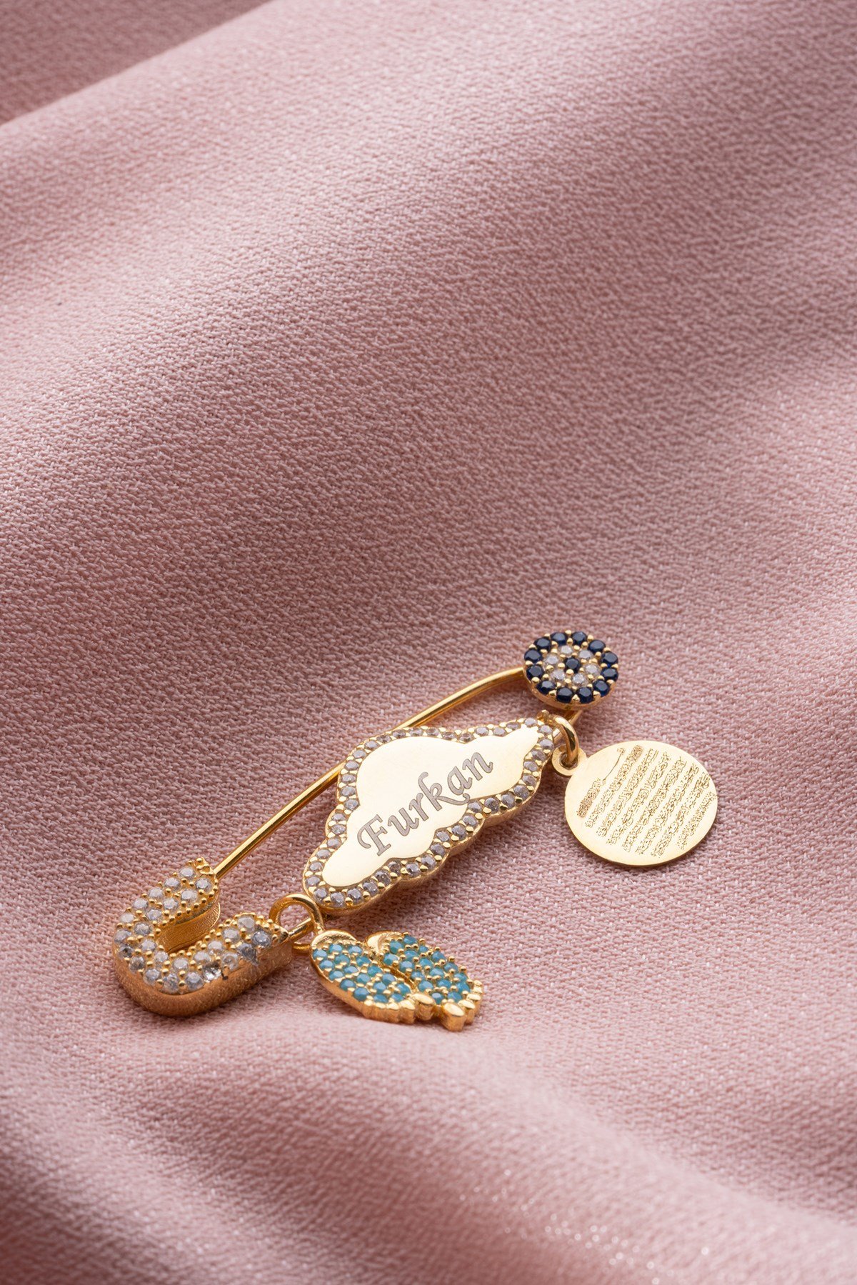 925 Ayar Gümüş Bulut Model Mavi Ayaklı Ayetel Kürsi İsimli Bebek İğnesi