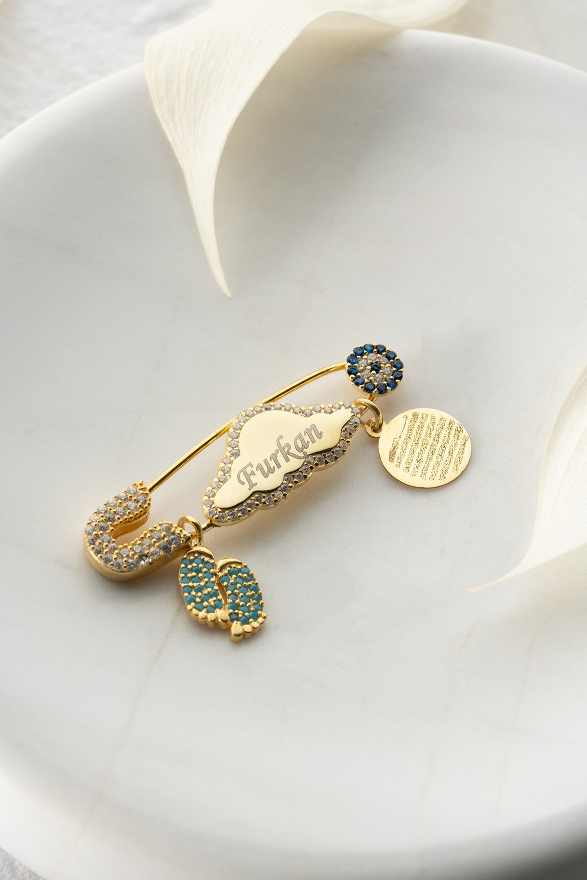 925 Ayar Gümüş Bulut Model Mavi Ayaklı Ayetel Kürsi İsimli Bebek İğnesi