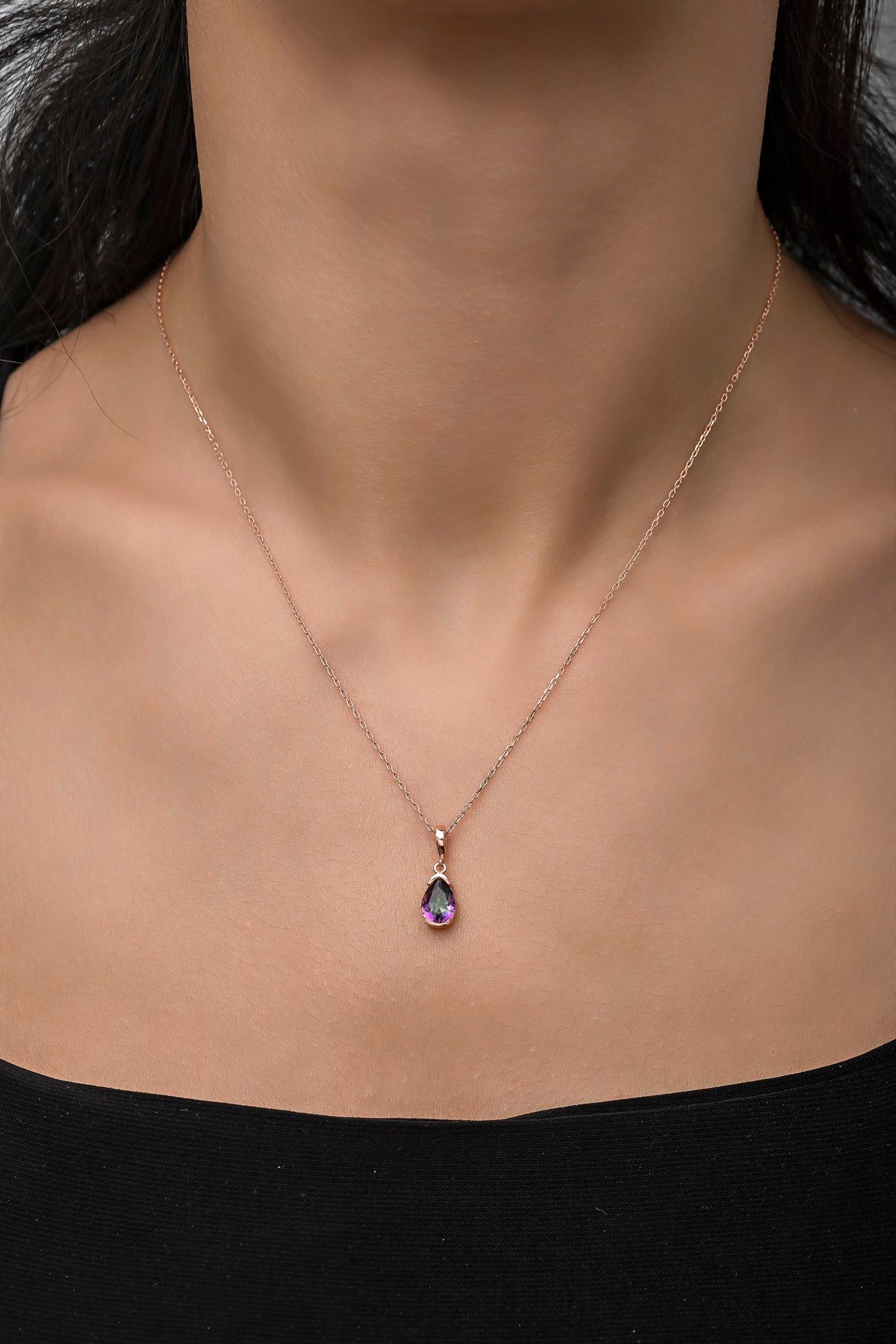 925 Ayar Gümüş Damla Mistik Topaz Taşlı Tektaş  Kolye