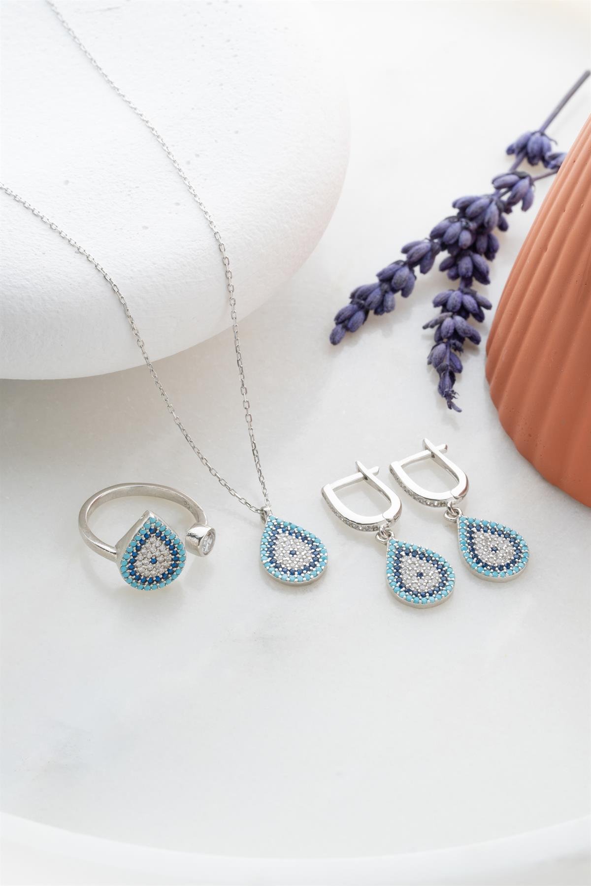 925 Ayar Gümüş Damla Nazar Model Küpe Yüzük Ve Kolye Set