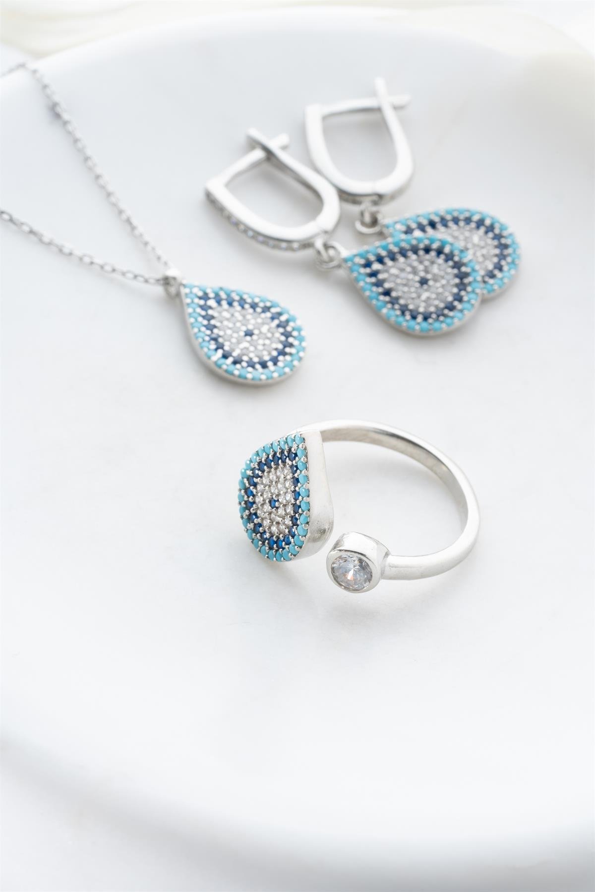 925 Ayar Gümüş Damla Nazar Model Küpe Yüzük Ve Kolye Set