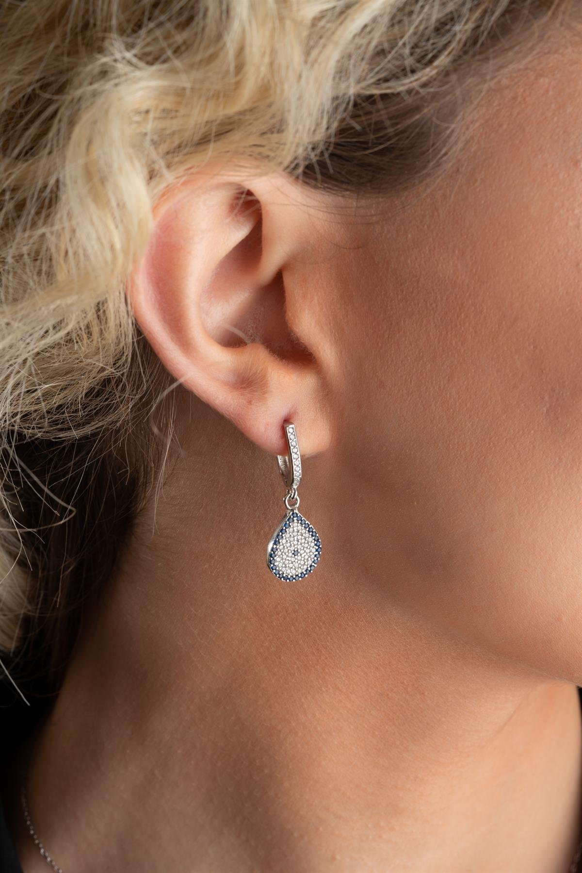 925 Ayar Gümüş Damla Nazar Model Küpe Yüzük Ve Kolye Set