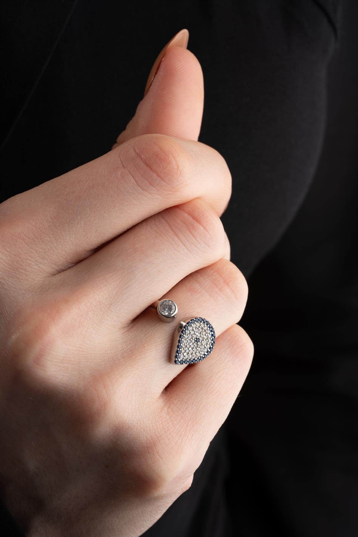 925 Ayar Gümüş Damla Nazar Model Küpe Yüzük Ve Kolye Set