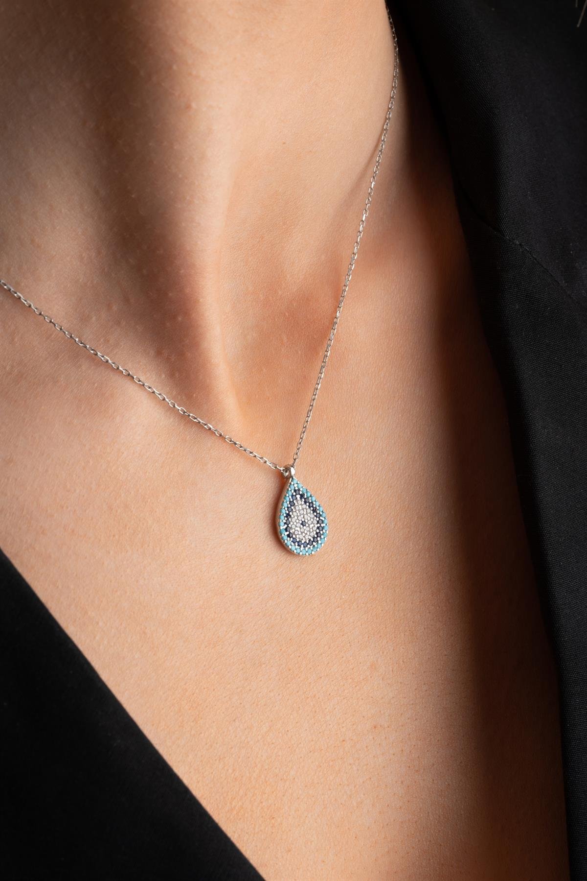 925 Ayar Gümüş Damla Nazar Model Küpe Yüzük Ve Kolye Set